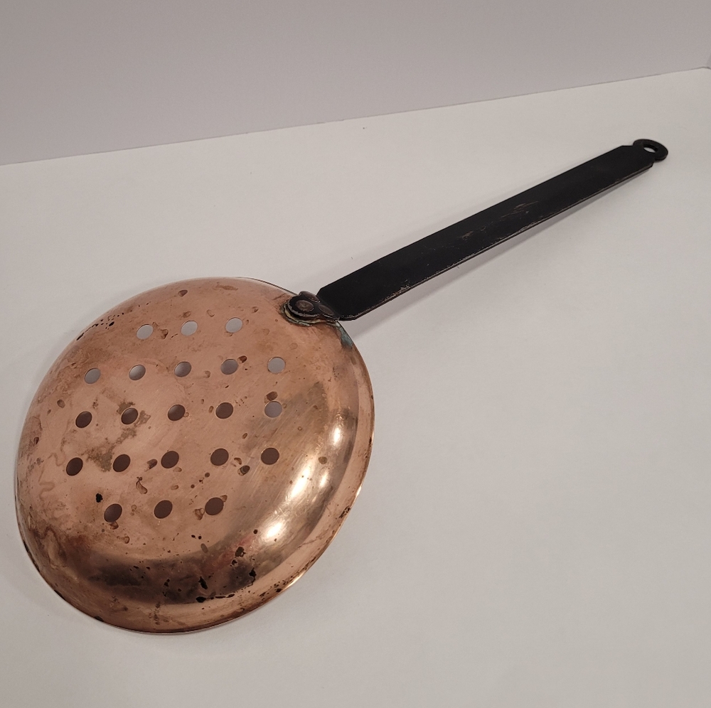 Vintage Copper Skimmer w/ Perforated Copper Ladle Bowl & Wrought Iron Handle 17"